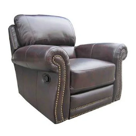 Traditional Leather Rocker Recliner with Rolled Arms and Nailhead Trim